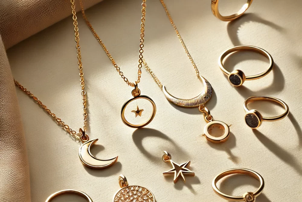 DALL·E 2024-08-31 08.00.13 - A high-quality image of modern and delicate jewelry accessories, featuring only necklaces and rings. The necklaces are minimalistic gold with small ce